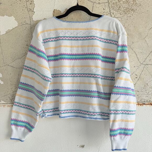 Vtg Liz Claiborne Cardigan Pastel Stripe Cropped Sweater Made in USA 90s Women L - Picture 7 of 9